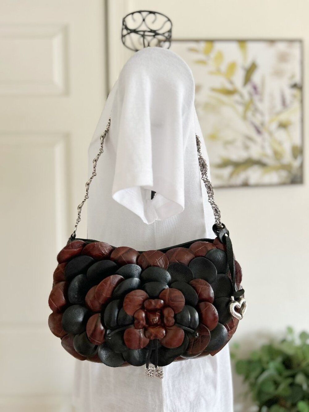 Brighton Black and Brown Floral Leather Shoulder Bag with Heart Charm